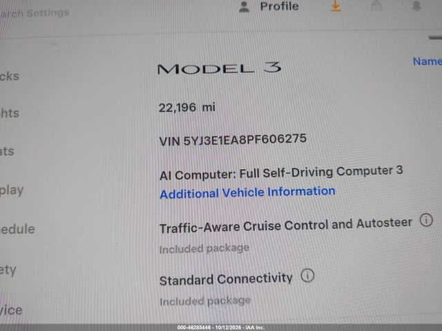 46285446 :رقم المزاد ، 5YJ3E1EA8PF606275 vin ، 2023 Tesla Model 3 Rear-wheel Drive مزاد بيع