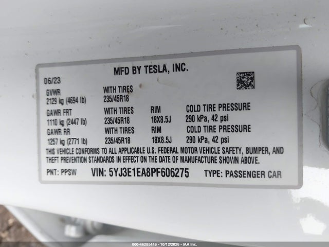 46285446 :رقم المزاد ، 5YJ3E1EA8PF606275 vin ، 2023 Tesla Model 3 Rear-wheel Drive مزاد بيع