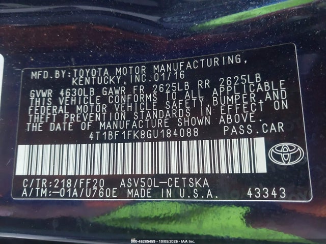 Auction sale of the 2016 Toyota Camry Se, vin: 4T1BF1FK8GU184088, lot number: 46285459