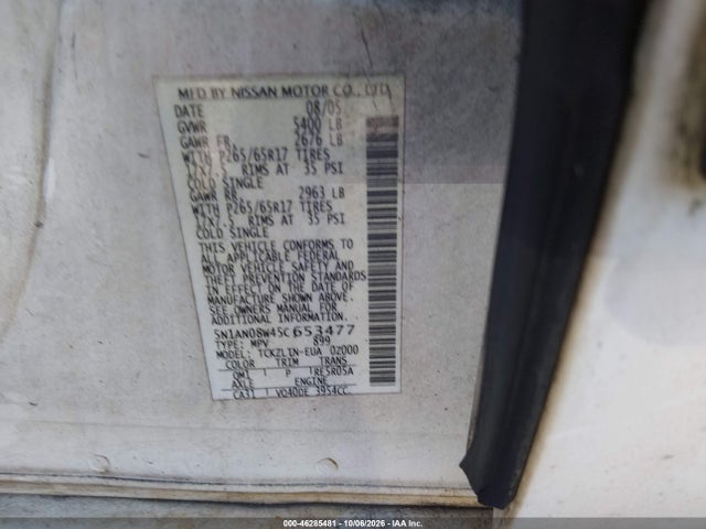 2005 Nissan Xterra Se მანქანა იყიდება აუქციონზე, vin: 5N1AN08W45C653477, აუქციონის ნომერი: 46285481