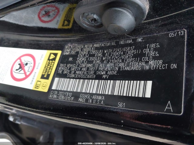 46285496 :رقم المزاد ، 5TDBK3EH7DS236859 vin ، 2013 Toyota Highlander Base V6 مزاد بيع