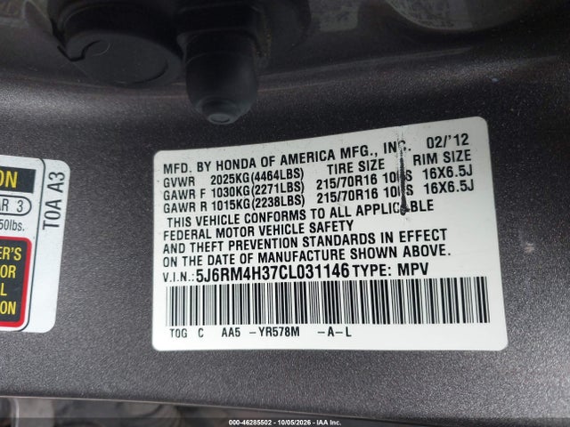 Продаж на аукціоні авто 2012 Honda Cr-v Lx, vin: 5J6RM4H37CL031146, номер лоту: 46285502