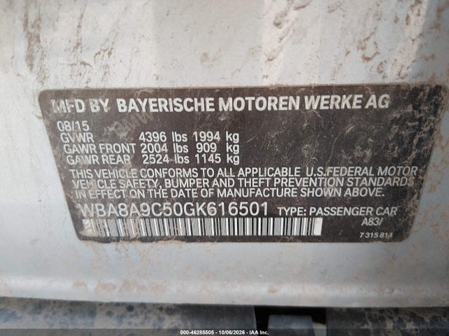 46285505 :رقم المزاد ، WBA8A9C50GK616501 vin ، 2016 Bmw 320i مزاد بيع