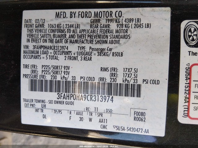 Продажа на аукционе авто 2012 Ford Fusion Se, vin: 3FAHP0HA9CR313974, номер лота: 46285514