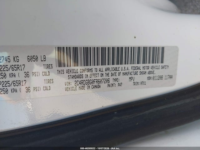 2015 Dodge Grand Caravan Se მანქანა იყიდება აუქციონზე, vin: 2C4RDGBG0FR607206, აუქციონის ნომერი: 46285522