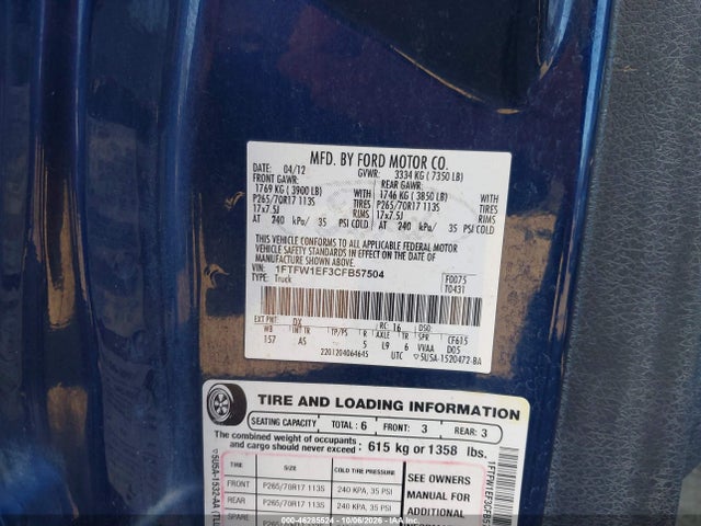 2012 Ford F-150 Xl მანქანა იყიდება აუქციონზე, vin: 1FTFW1EF3CFB57504, აუქციონის ნომერი: 46285524