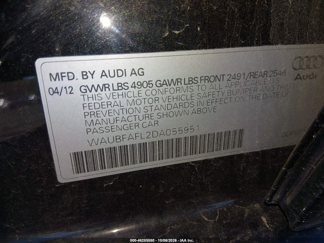 46285550 :رقم المزاد ، WAUBFAFL2DA055951 vin ، 2013 Audi A4 2.0t Premium مزاد بيع