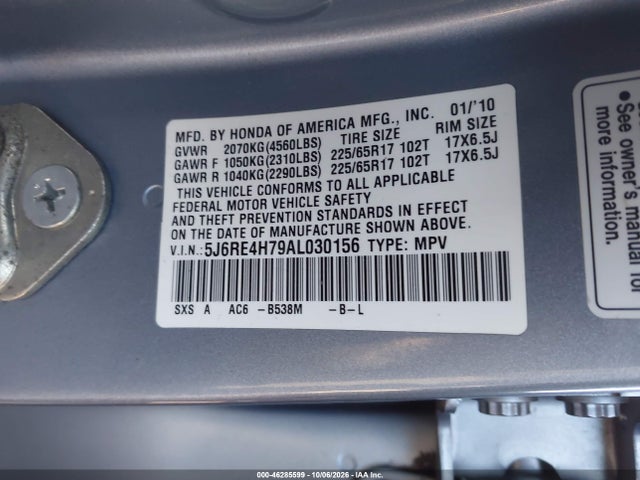 46285599 :رقم المزاد ، 5J6RE4H79AL030156 vin ، 2010 Honda Cr-v Ex-l مزاد بيع