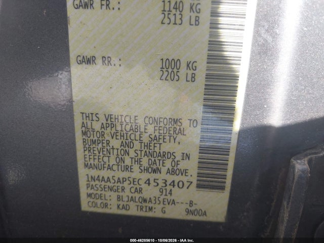 Aukcja sprzedaży 2014 Nissan Maxima 3.5 S/3.5 Sv, vin: 1N4AA5AP5EC453407, numer aukcji: 46285610