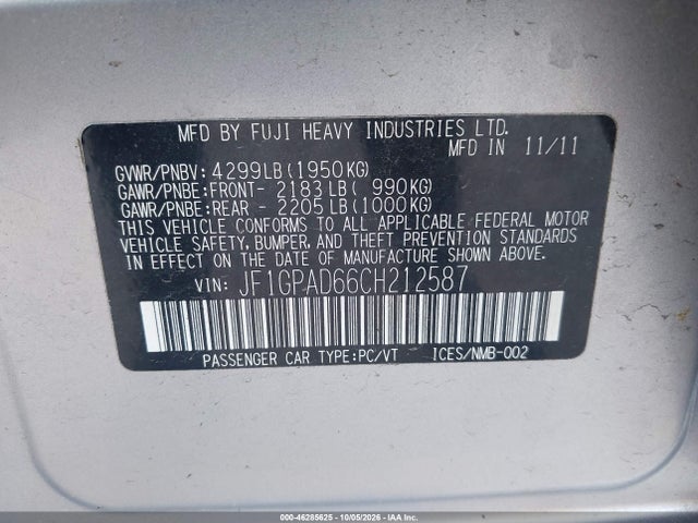 Aukcja sprzedaży 2012 Subaru Impreza 2.0i Premium, vin: JF1GPAD66CH212587, numer aukcji: 46285625