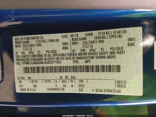 Aukcja sprzedaży 2018 Ford Escape Se, vin: 1FMCU9GD6JUD31153, numer aukcji: 46285673