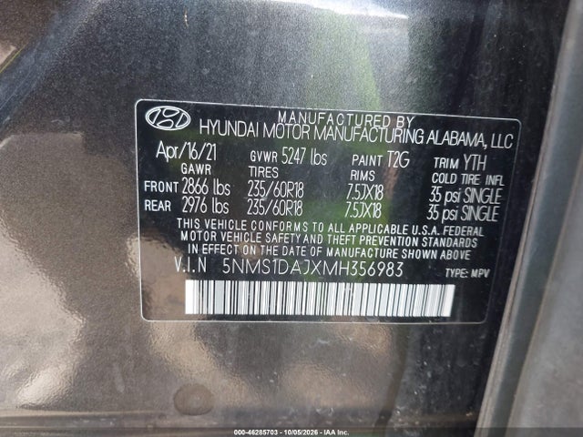 5NMS1DAJXMH356983 Hyundai Santa Fe Se