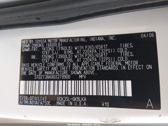 Продаж на аукціоні авто 2006 Toyota Sequoia Limited V8, vin: 5TDZT38AX6S279900, номер лоту: 46285726