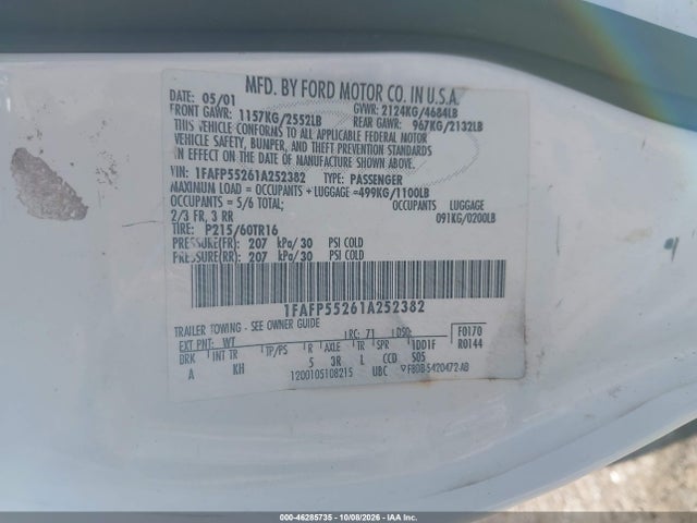 46285735 :رقم المزاد ، 1FAFP55261A252382 vin ، 2001 Ford Taurus Ses مزاد بيع