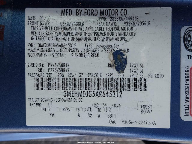 2010 Mercury Milan Premier მანქანა იყიდება აუქციონზე, vin: 3MEHM0JG5AR645312, აუქციონის ნომერი: 46285749