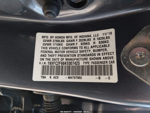 2019 Honda Civic Lx მანქანა იყიდება აუქციონზე, vin: 19XFC2F66KE007425, აუქციონის ნომერი: 46285757
