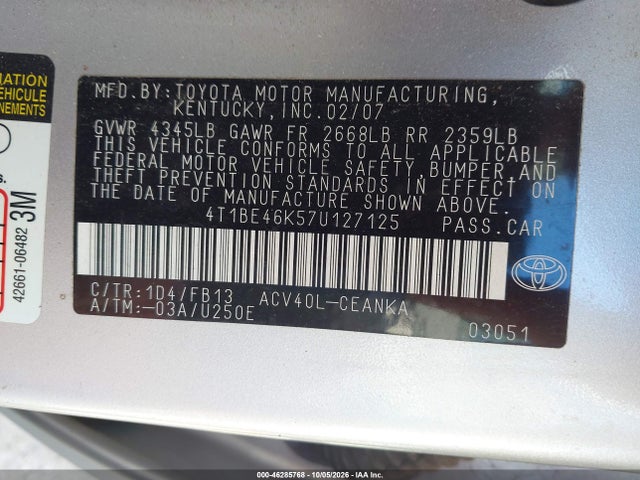 Aukcja sprzedaży 2007 Toyota Camry Le, vin: 4T1BE46K57U127125, numer aukcji: 46285768