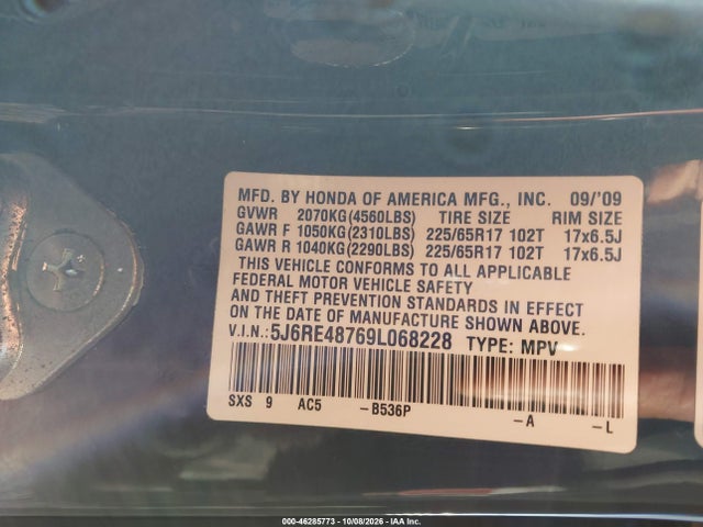 Aukcja sprzedaży 2009 Honda Cr-v Ex-l, vin: 5J6RE48769L068228, numer aukcji: 46285773