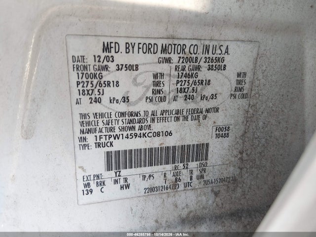 Aukcja sprzedaży 2004 Ford F-150 Fx4/lariat/xlt, vin: 1FTPW14594KC08106, numer aukcji: 46285798