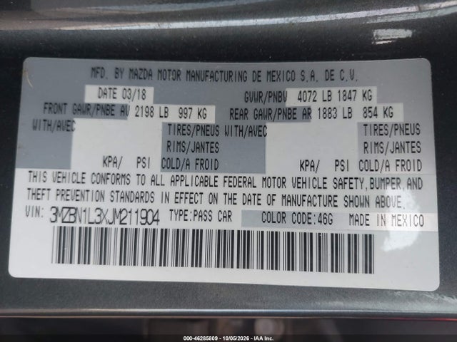 Продаж на аукціоні авто 2018 Mazda Mazda3 5-door Touring, vin: 3MZBN1L3XJM211904, номер лоту: 46285809
