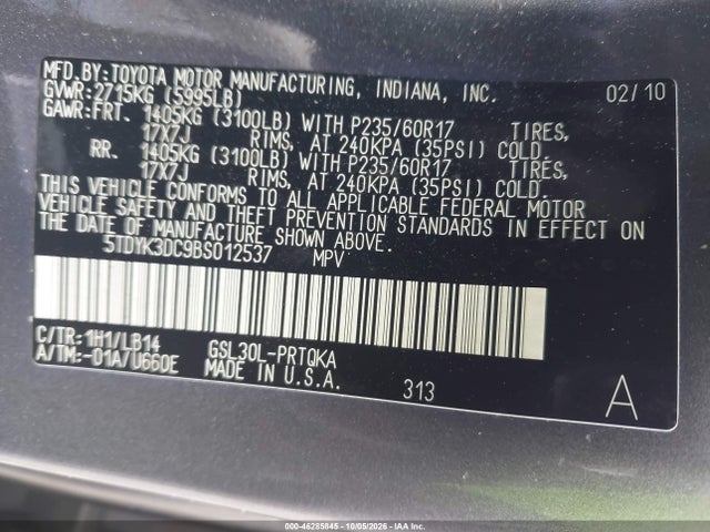 Aukcja sprzedaży 2011 Toyota Sienna Xle V6, vin: 5TDYK3DC9BS012537, numer aukcji: 46285845