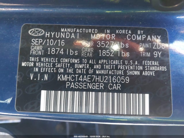 46285849 :رقم المزاد ، KMHCT4AE7HU216059 vin ، 2017 Hyundai Accent Se مزاد بيع