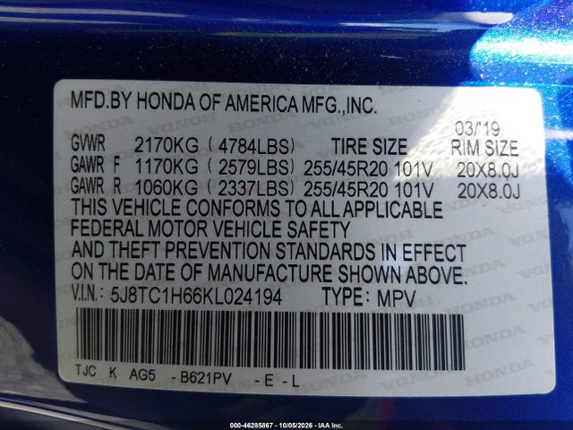46285867 :رقم المزاد ، 5J8TC1H66KL024194 vin ، 2019 Acura Rdx A-spec Package مزاد بيع
