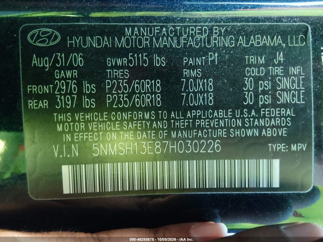 Продажа на аукционе авто 2007 Hyundai Santa Fe Limited/se, vin: 5NMSH13E87H030226, номер лота: 46285878