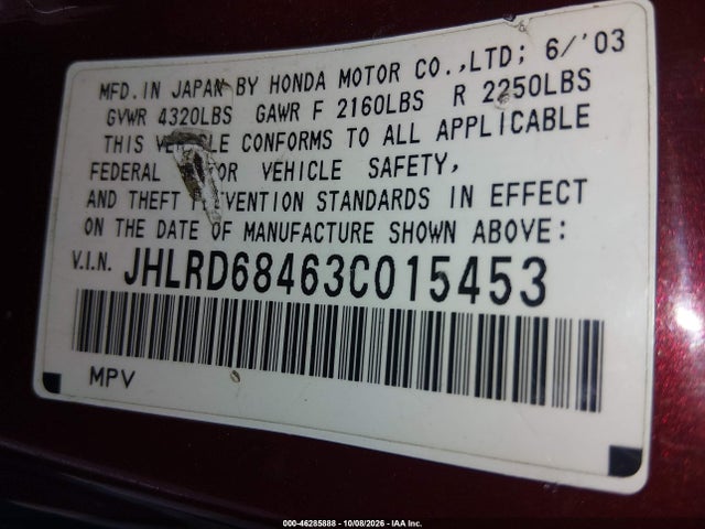 46285888 :رقم المزاد ، JHLRD68463C015453 vin ، 2003 Honda Cr-v Lx مزاد بيع