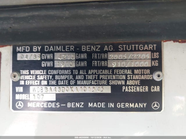 1989 Mercedes-benz 560 Sl მანქანა იყიდება აუქციონზე, vin: WDBBA48D0KA101345, აუქციონის ნომერი: 46285890