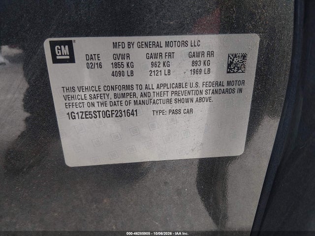 2016 Chevrolet Malibu 1lt მანქანა იყიდება აუქციონზე, vin: 1G1ZE5ST0GF231641, აუქციონის ნომერი: 46285905