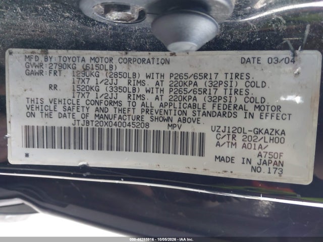 Aukcja sprzedaży 2004 Lexus Gx 470, vin: JTJBT20X040045208, numer aukcji: 46285916