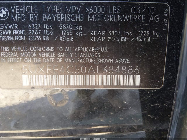 46285920 :رقم المزاد ، 5UXFE4C50AL384886 vin ، 2010 Bmw X5 Xdrive30i مزاد بيع