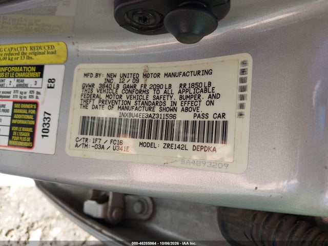 2010 Toyota Corolla Le მანქანა იყიდება აუქციონზე, vin: 1NXBU4EE3AZ311596, აუქციონის ნომერი: 46285964