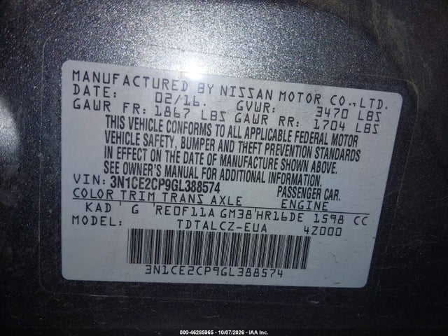 3N1CE2CP9GL388574 Nissan Versa Note S Plus