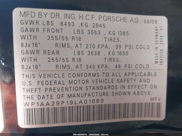 46285976 :رقم المزاد ، WP1AA29P19LA01889 vin ، 2009 Porsche Cayenne مزاد بيع