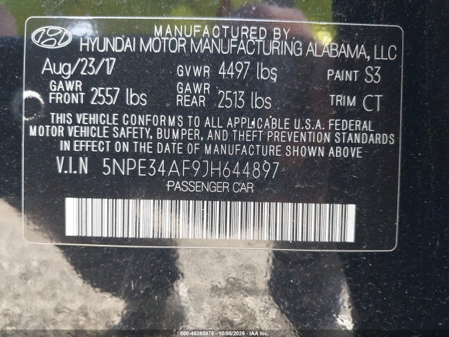 Aukcja sprzedaży 2018 Hyundai Sonata Limited, vin: 5NPE34AF9JH644897, numer aukcji: 46285978
