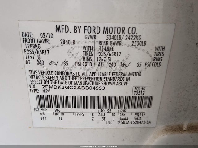 46286004 :رقم المزاد ، 2FMDK3GCXABB04553 vin ، 2010 Ford Edge Se مزاد بيع
