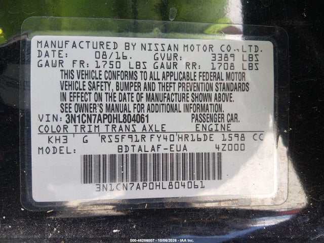 Продаж на аукціоні авто 2017 Nissan Versa 1.6 S, vin: 3N1CN7AP0HL804061, номер лоту: 46286007