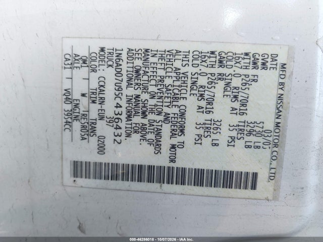 Продаж на аукціоні авто 2005 Nissan Frontier Se, vin: 1N6AD07U95C436432, номер лоту: 46286018
