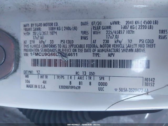 46286027 :رقم المزاد ، 1FMCU9G66LUB54611 vin ، 2020 Ford Escape Se مزاد بيع