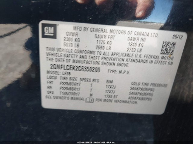 46286028 :رقم المزاد ، 2GNFLCEK2C6350200 vin ، 2012 Chevrolet Equinox Ls مزاد بيع