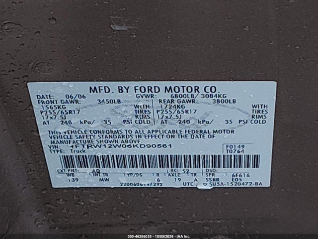 Продаж на аукціоні авто 2006 Ford F-150 Xlt, vin: 1FTRW12W06KD90561, номер лоту: 46286038