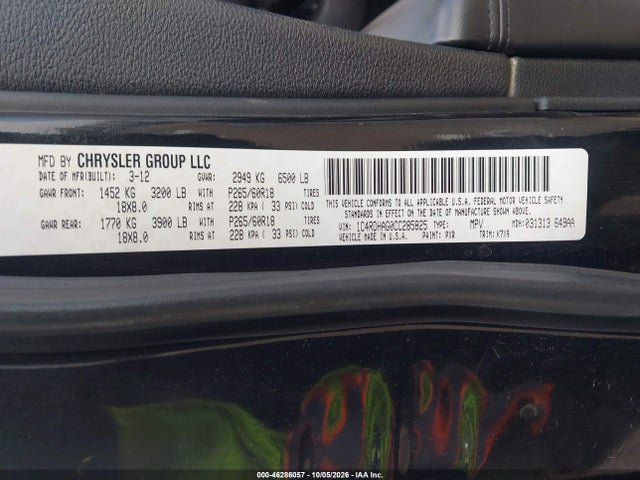 Продаж на аукціоні авто 2012 Dodge Durango Sxt, vin: 1C4RDHAG0CC285825, номер лоту: 46286057