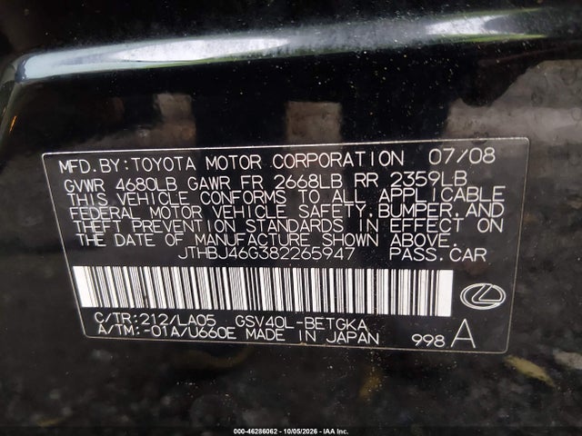 Продажа на аукционе авто 2008 Lexus Es 350, vin: JTHBJ46G382265947, номер лота: 46286062