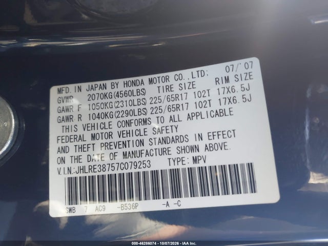 Aukcja sprzedaży 2007 Honda Cr-v Ex-l, vin: JHLRE38757C079253, numer aukcji: 46286074