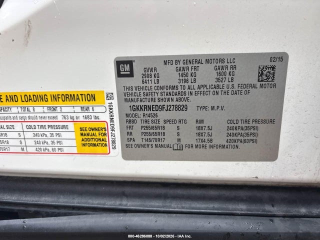 46286088 :رقم المزاد ، 1GKKRNED9FJ278829 vin ، 2015 Gmc Acadia Sle-1 مزاد بيع