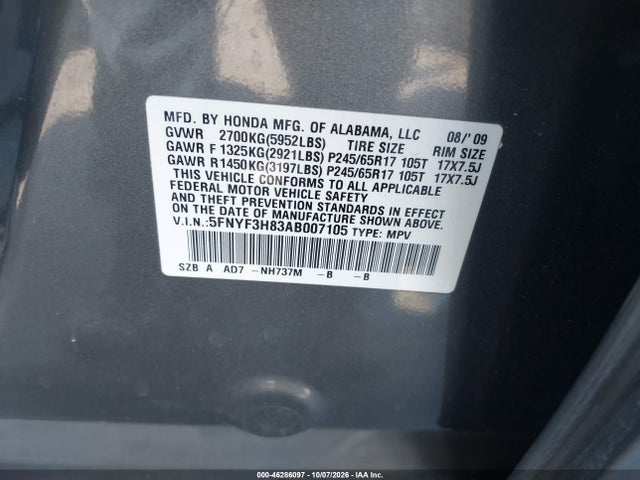 Продажа на аукционе авто 2010 Honda Pilot Touring, vin: 5FNYF3H83AB007105, номер лота: 46286097
