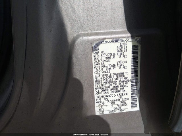 46286099 :رقم المزاد ، 5N1AN08WX7C518376 vin ، 2007 Nissan Xterra S مزاد بيع