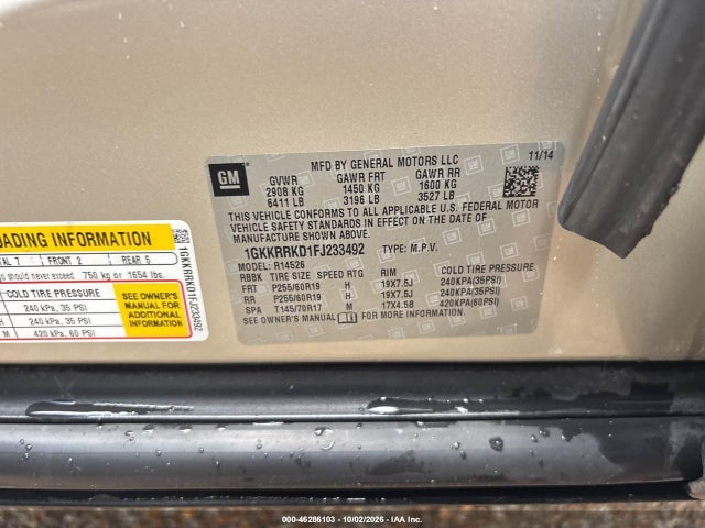 46286103 :رقم المزاد ، 1GKKRRKD1FJ233492 vin ، 2015 Gmc Acadia Slt-1 مزاد بيع